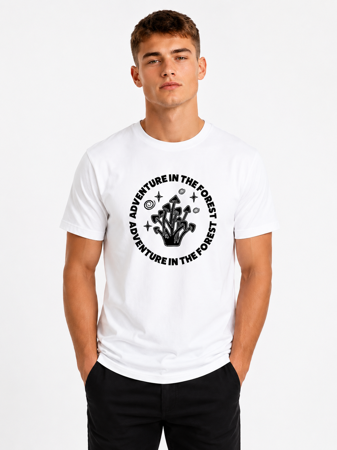 Adventure in The Forest T-Shirt HC – Mushroom Graphic Streetwear Tee, Unisex Cotton Nature-Inspired Shirt