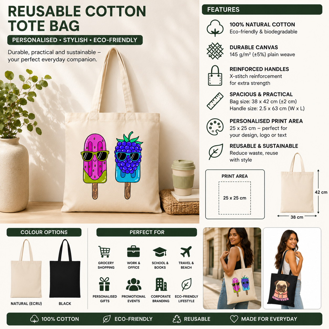 Personalised Cotton Tote Bag | 100% Natural Canvas Shopping Bag