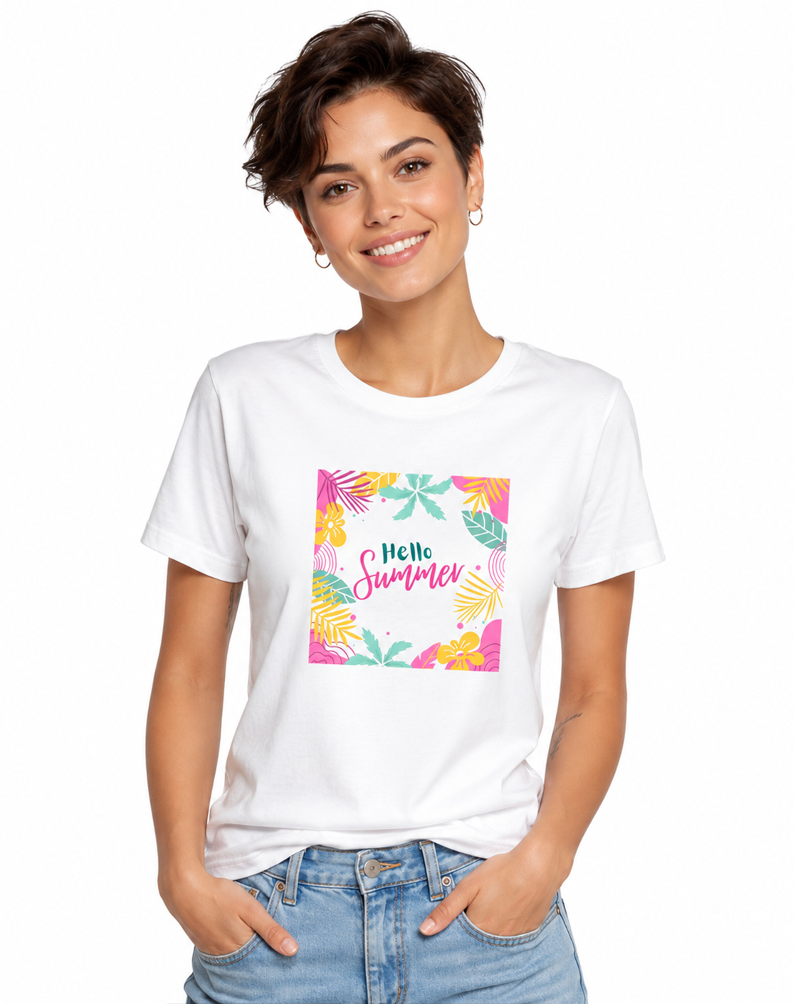 Hello Summer Premium Cotton T-Shirt – Tropical Floral Graphic Tee 🌴☀️🌺