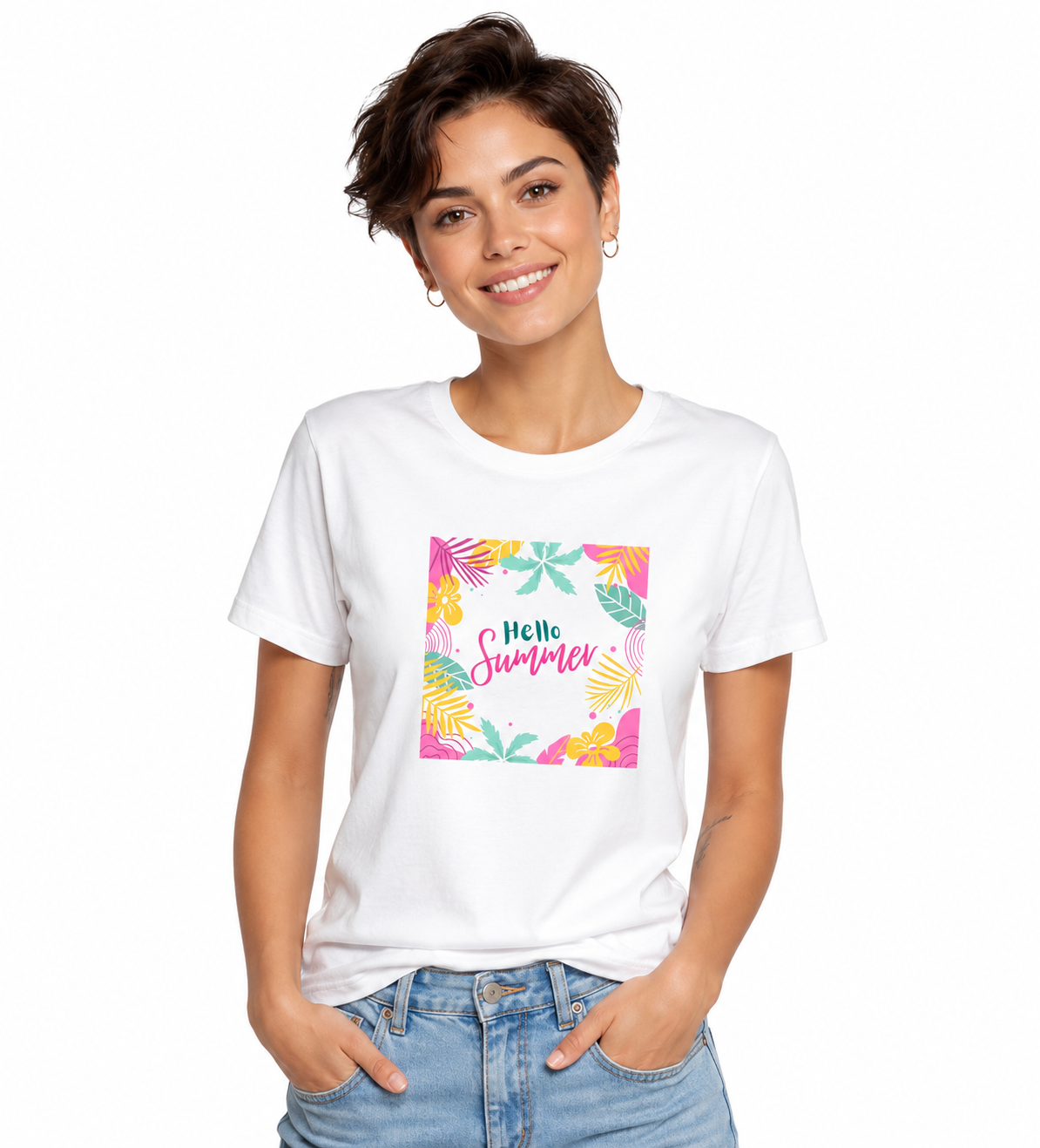 Hello Summer Premium Cotton T-Shirt – Tropical Floral Graphic Tee 🌴☀️🌺